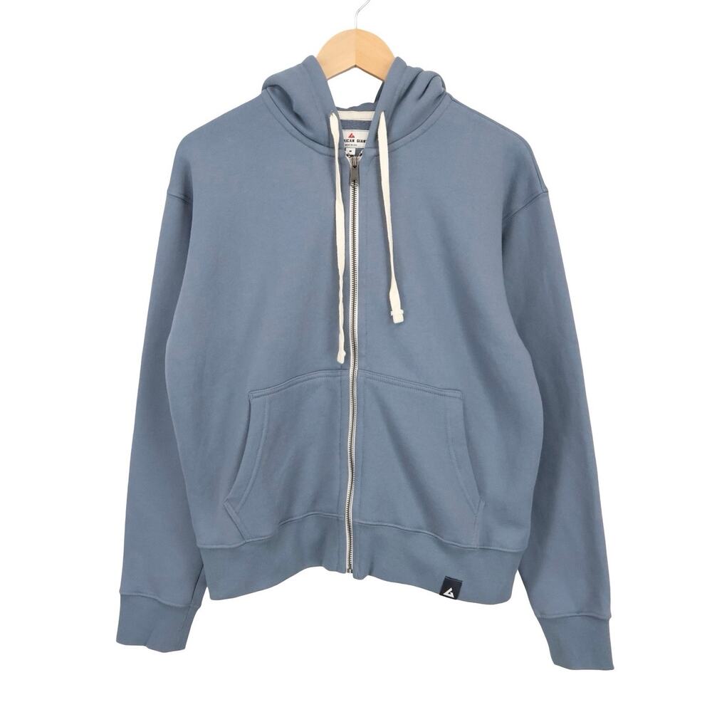 American Giant Dusty Blue Full-Zip Hoodie with Cream Drawstrings